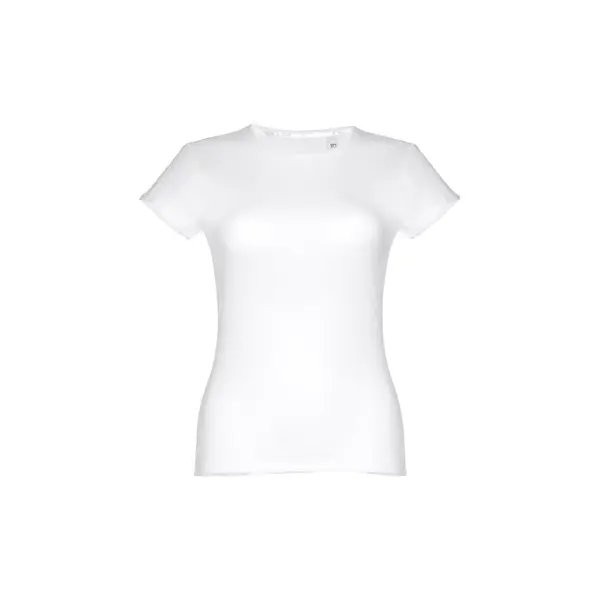 Tailliertes Damen-T-Shirt aus Baumwolle. Farbe Weiß – Werbeartikel mit Logo bedrucken