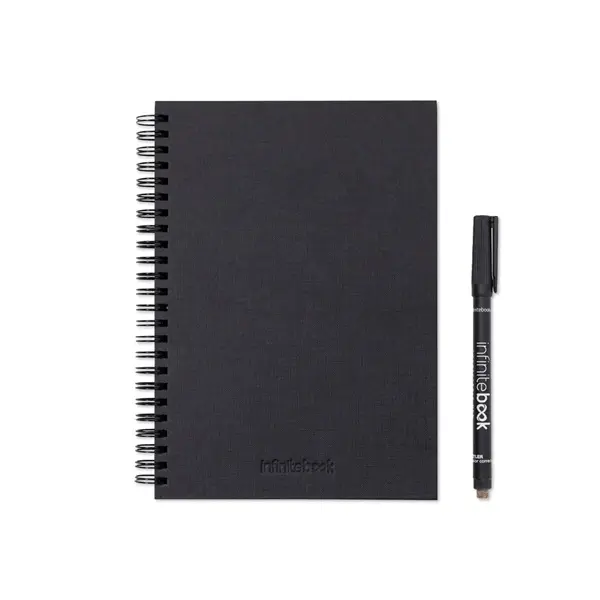 Set bestehend aus einem Infinitebook mit Hardcover, einem Reinigungsset, einem Marker und einem Halter für Kugelschreiber – Werbeartikel mit Logo bedrucken