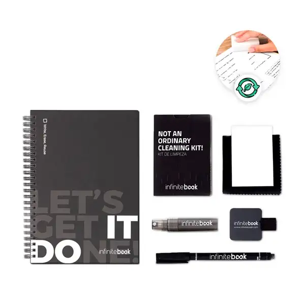 Set bestehend aus einem Infinitebook mit Hardcover, einem Reinigungsset, einem Marker und einem Kugelschreiberhalter – Ansicht 7