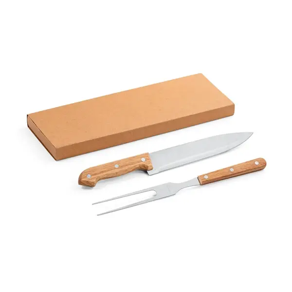 Grill-Set aus Bambus und Edelstahl 2-teilig bestehend aus einer Grillgabel und einem Messer