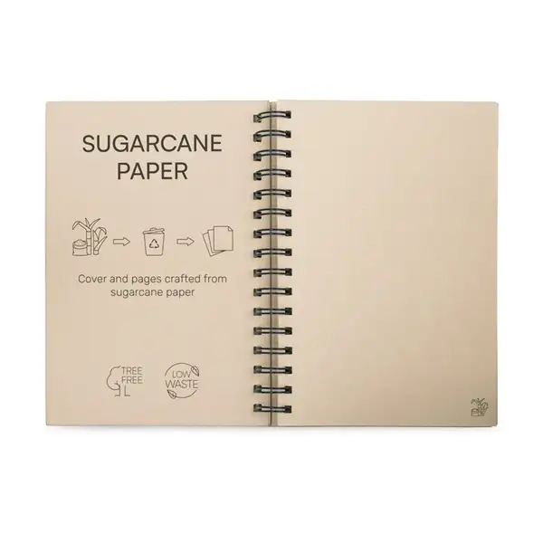 A5 Notizbuch mit Ringen, fester Einband, aus Zuckerrohrpapier (80% zuckerrohr) mit unbedruckte Seiten – Ansicht 5