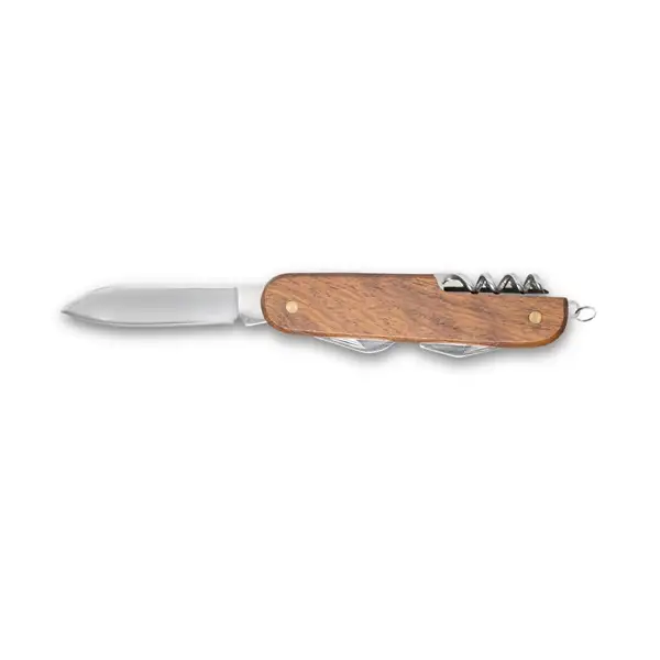 Multifunktions-Taschenmesser aus Edelstahl und Holz – Ansicht 1