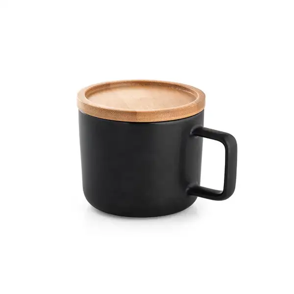 Tasse aus Keramik 220ml mit Deckel aus Bambus, der als Untersetzer dient – Ansicht 3