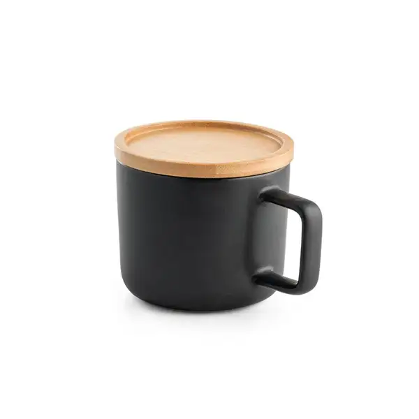 Tasse aus Keramik 220ml mit Deckel aus Bambus, der als Untersetzer dient – Ansicht 1