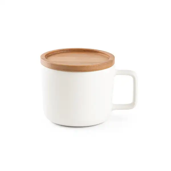 Tasse aus Keramik 220ml mit Deckel aus Bambus, der als Untersetzer dient – Ansicht 5