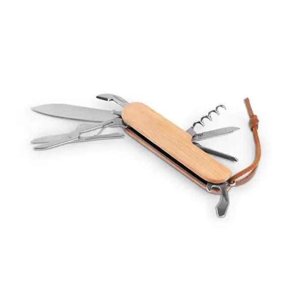 Multifunktionales Taschenmesser aus Bambus und Edelstahl mit PU-Griff – Ansicht 2