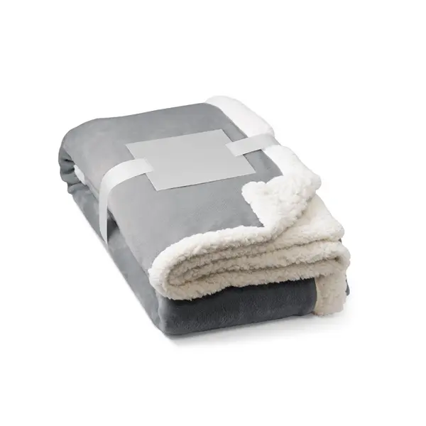 Wendbare Fleecedecke (190 g/m²) mit Satinband und personalisierter Karte – Werbeartikel mit Logo bedrucken