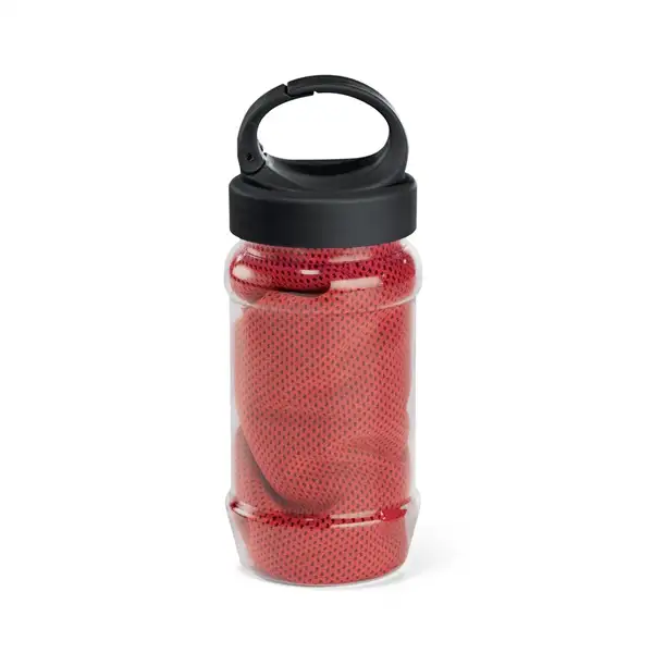 Sporthandtuch aus Polyamid und Polyester mit Flasche (440 mL) aus PP und PET und einem integrierten Karabinerhaken am Deckel – Ansicht 4