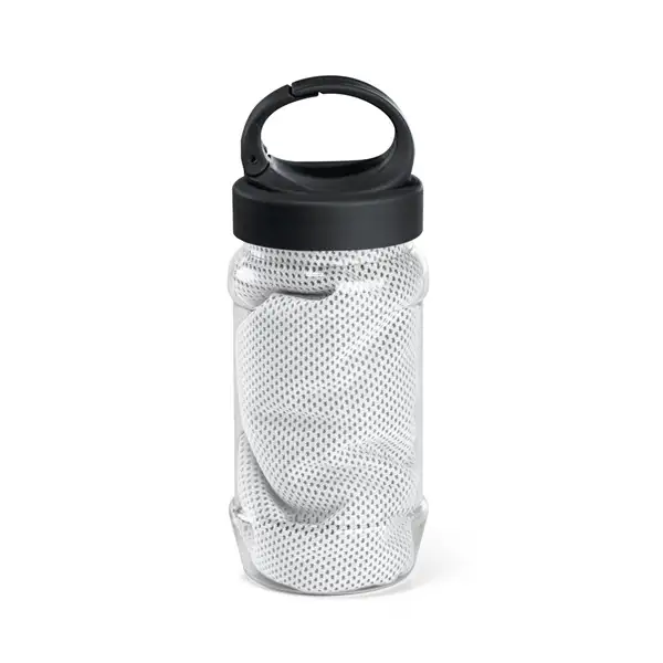 Sporthandtuch aus Polyamid und Polyester mit Flasche (440 mL) aus PP und PET und einem integrierten Karabinerhaken am Deckel – Ansicht 5