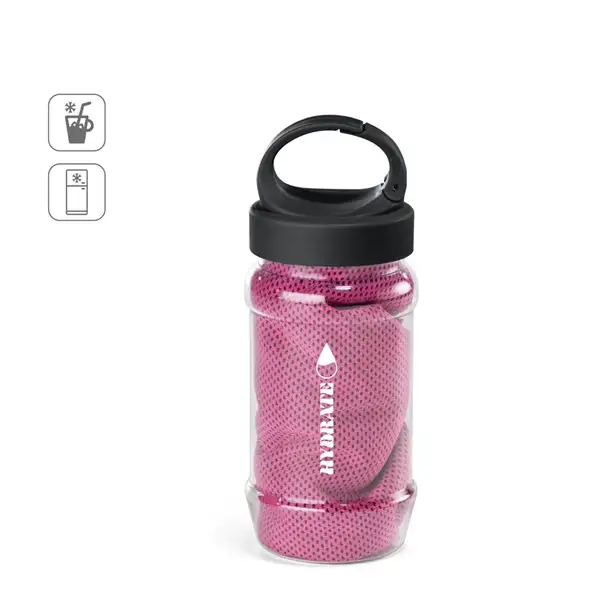 Sporthandtuch aus Polyamid und Polyester mit Flasche (440 mL) aus PP und PET und einem integrierten Karabinerhaken am Deckel – Ansicht 10