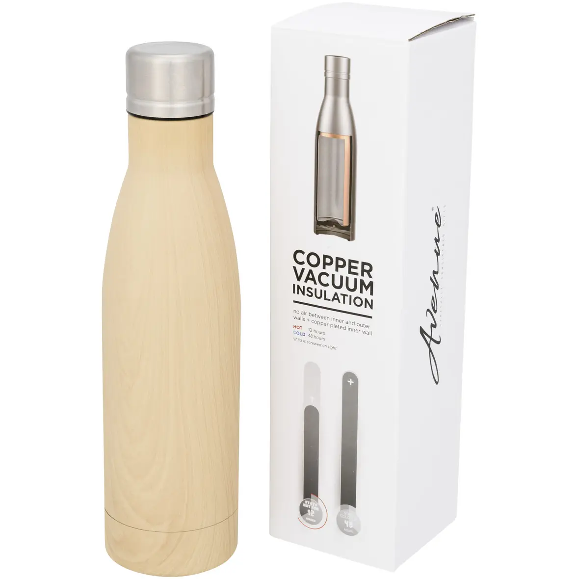 Kupfer-Vakuum Isolierflasche in Holzoptik, 500 ml – Werbeartikel mit Logo bedrucken