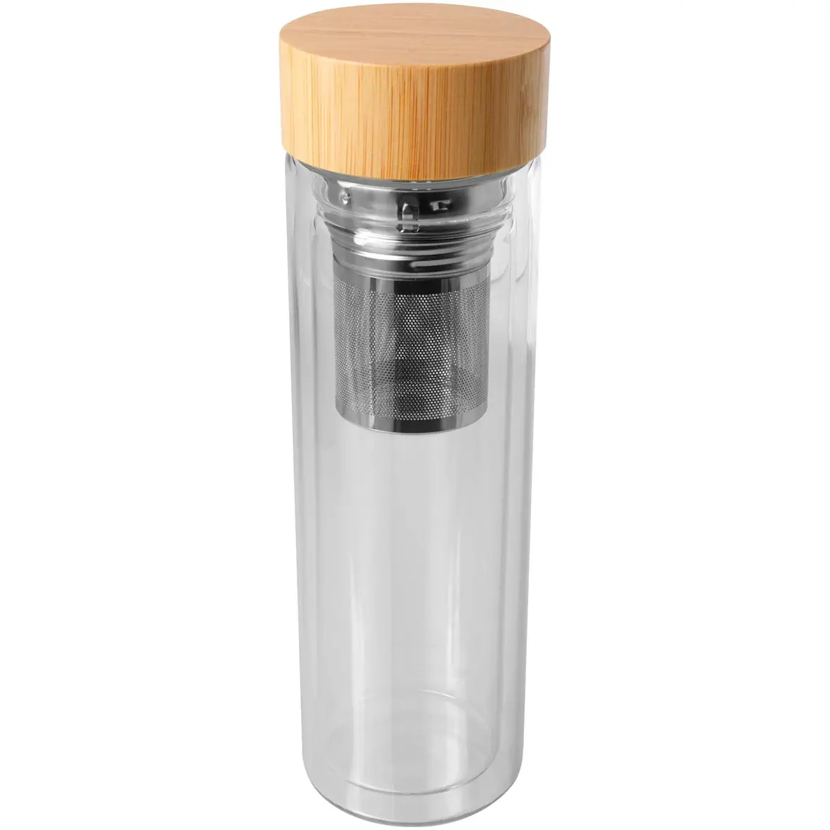 400 ml Flasche aus Borosilikatglas mit Infuser und Bambusdeckel – Werbeartikel mit Logo bedrucken