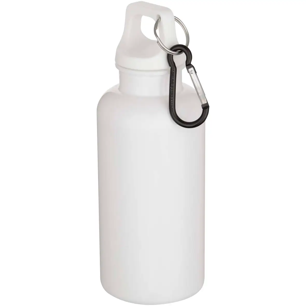 400 ml einfarbige RS-zertifizierte Trinkflasche aus recyceltem Kunststoff mit Karabinerhaken – Ansicht 1