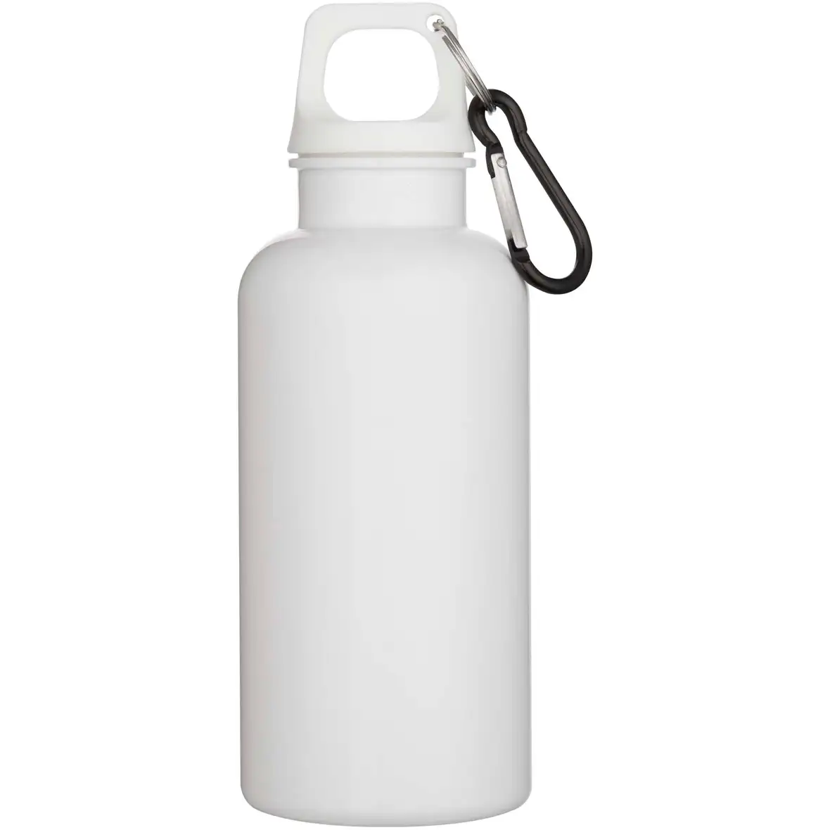 400 ml einfarbige RS-zertifizierte Trinkflasche aus recyceltem Kunststoff mit Karabinerhaken – Ansicht 2