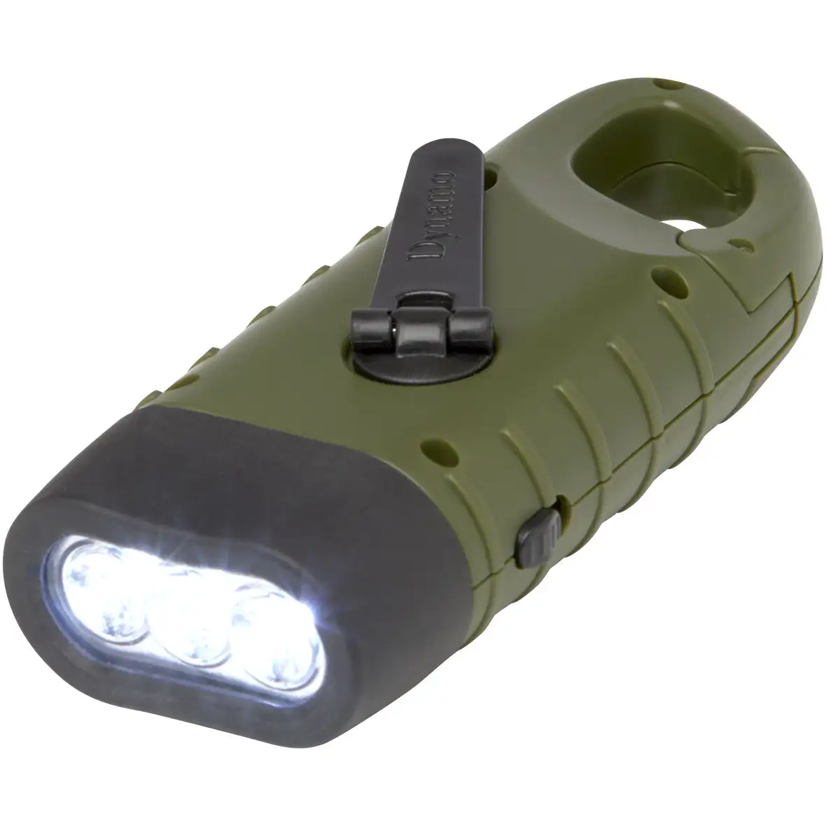 Helios Solar-Dynamo-Taschenlampe aus recyceltem Kunststoff mit Karabinerhaken – Ansicht 1