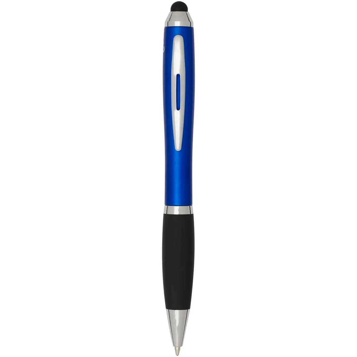Stylus Kugelschreiber aus recyceltem Kunststoff mit farbigem Schaft und schwarzem Griff (blaue Tinte) – Werbeartikel mit Logo bedrucken