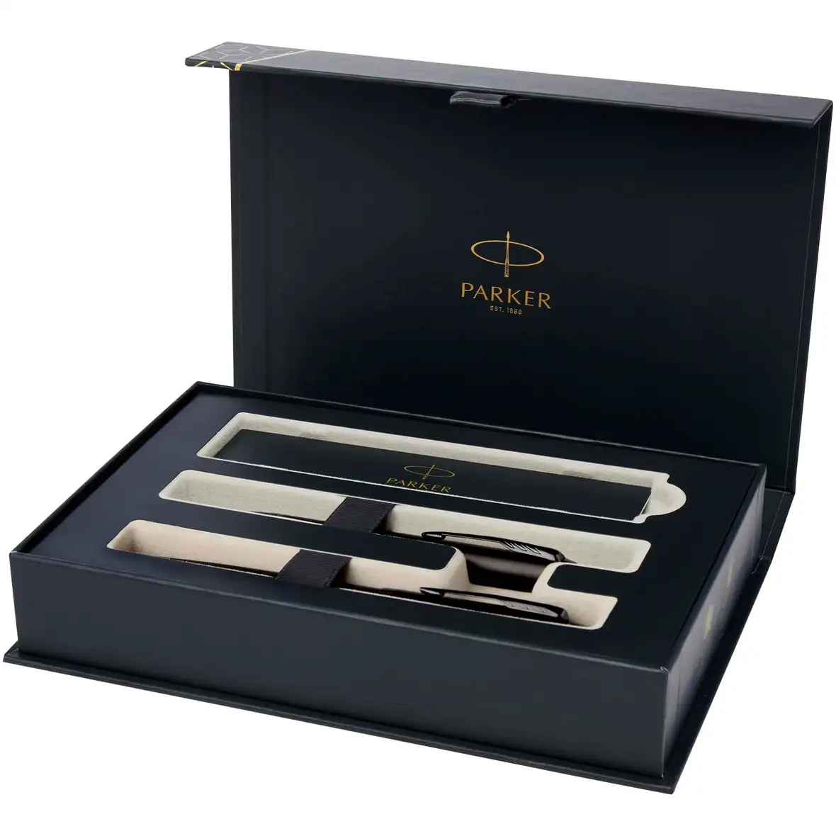 Parker IM achromatisches Kugelschreiber und Tintenroller Set mit Präsentbox (schwarze/blaue Mine) – Ansicht 1