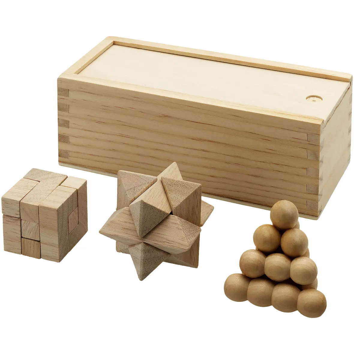 3-teiliges Denksportspiel aus Holz – Werbeartikel mit Logo bedrucken