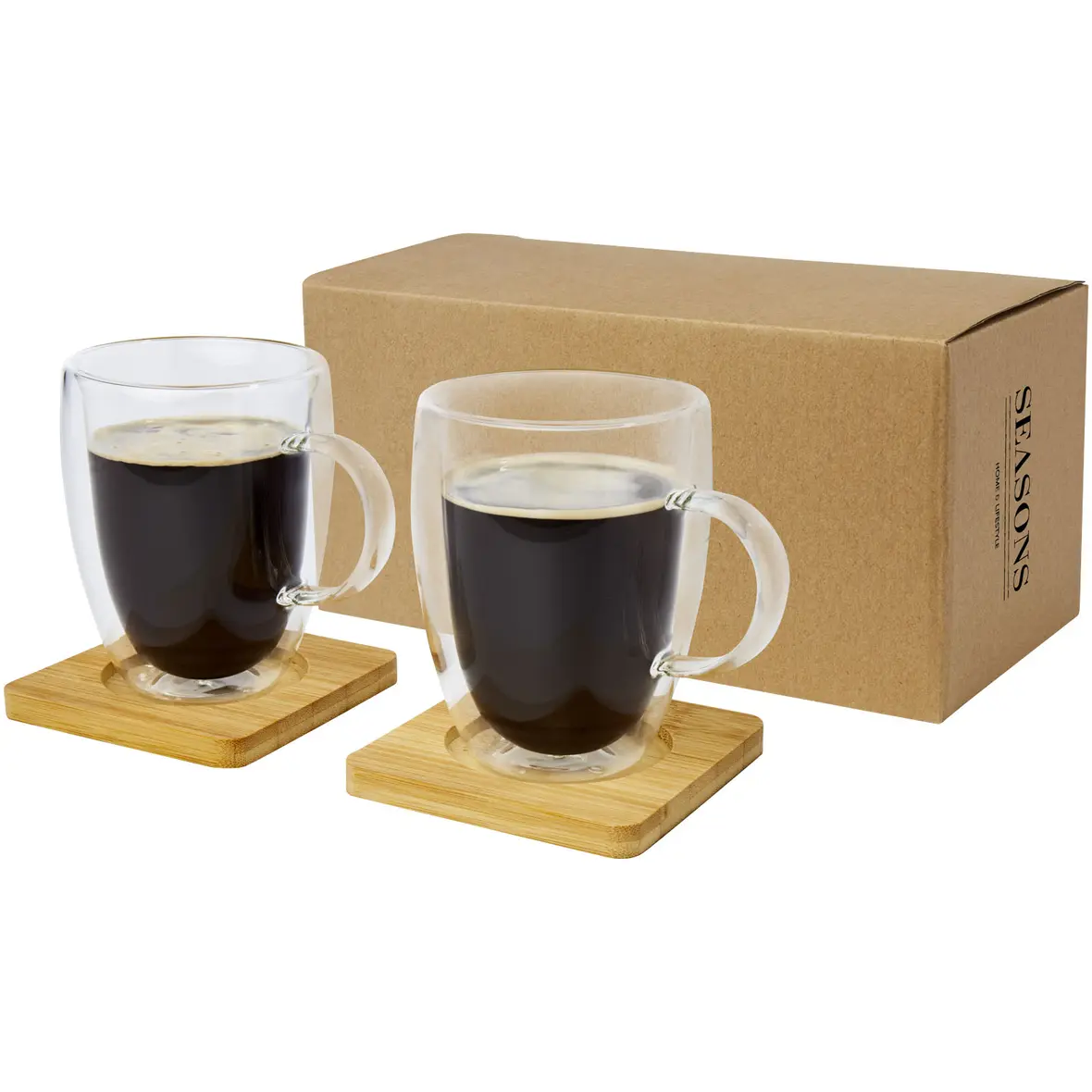 2-teiliger 350 ml doppelwandiger Glasbecher mit Bambusuntersetzer
