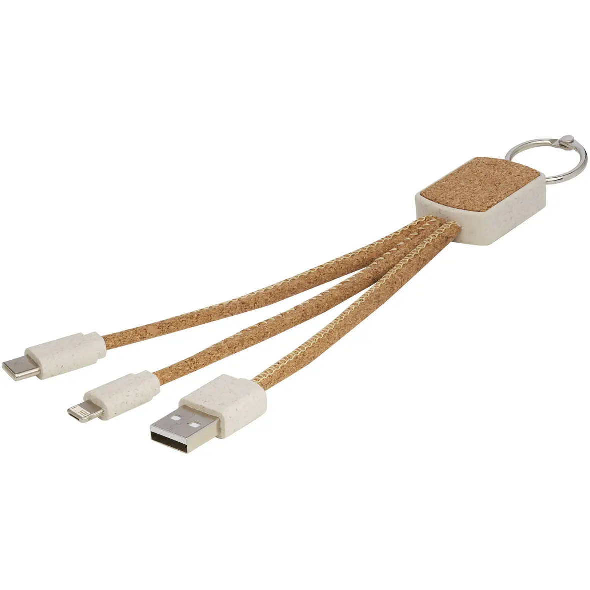 Weizenstroh und Kork 3-in-1 Ladekabel – Werbeartikel mit Logo bedrucken