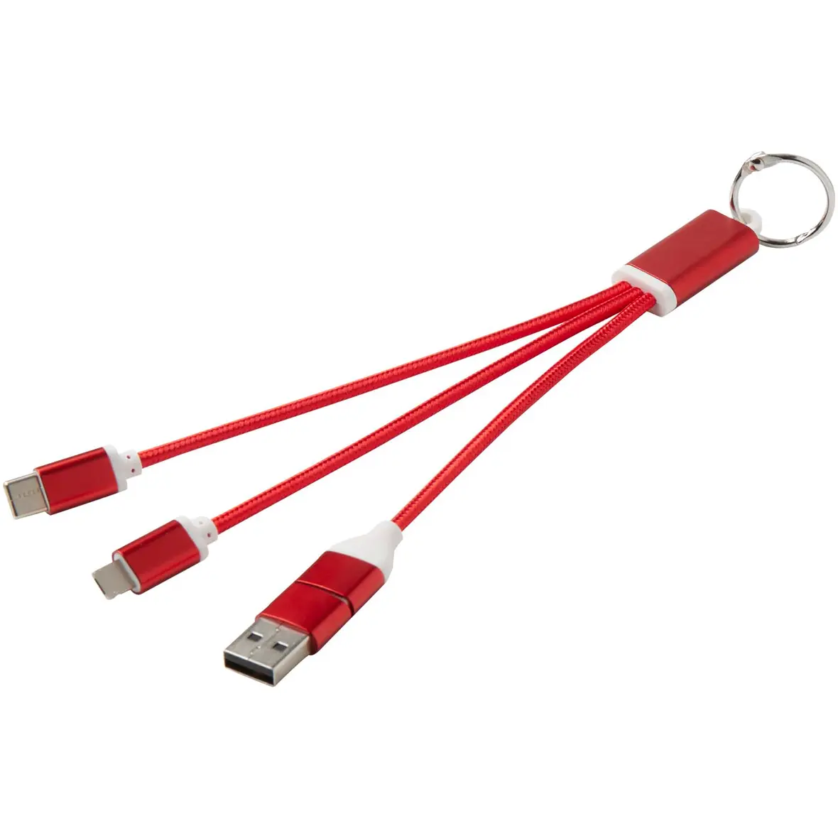 4-in-1 Ladekabel aus recyceltem Aluminium mit Schlüsselanhänger – Werbeartikel mit Logo bedrucken