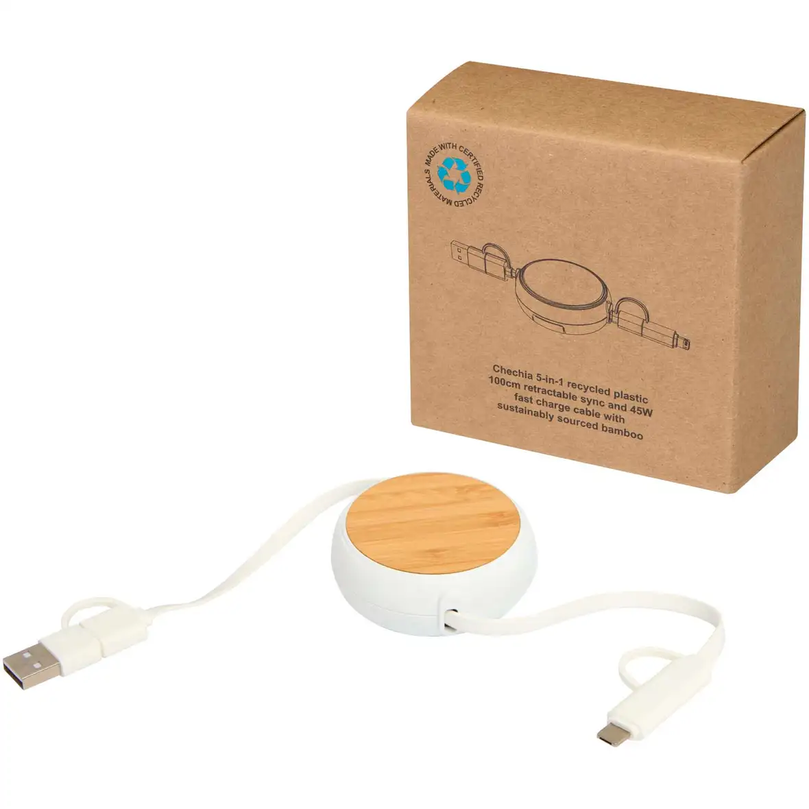 100cm 5-in-1 Kabel aus recyceltem Kunststoff, einziehbar, für Datenübertragung und 45W Schnellladung mit Bambusdetail – Ansicht 1
