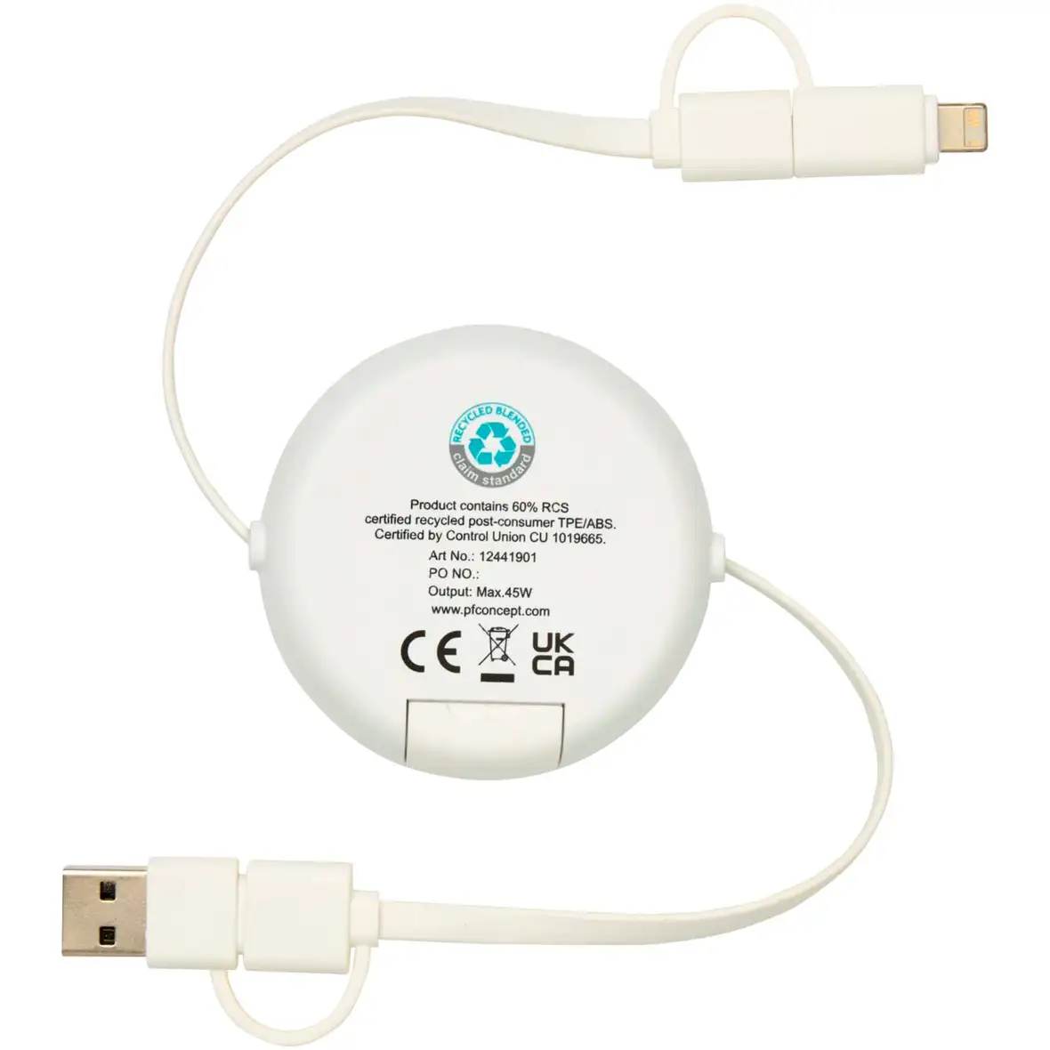 100cm 5-in-1 Kabel aus recyceltem Kunststoff, einziehbar, für Datenübertragung und 45W Schnellladung mit Bambusdetail – Ansicht 3