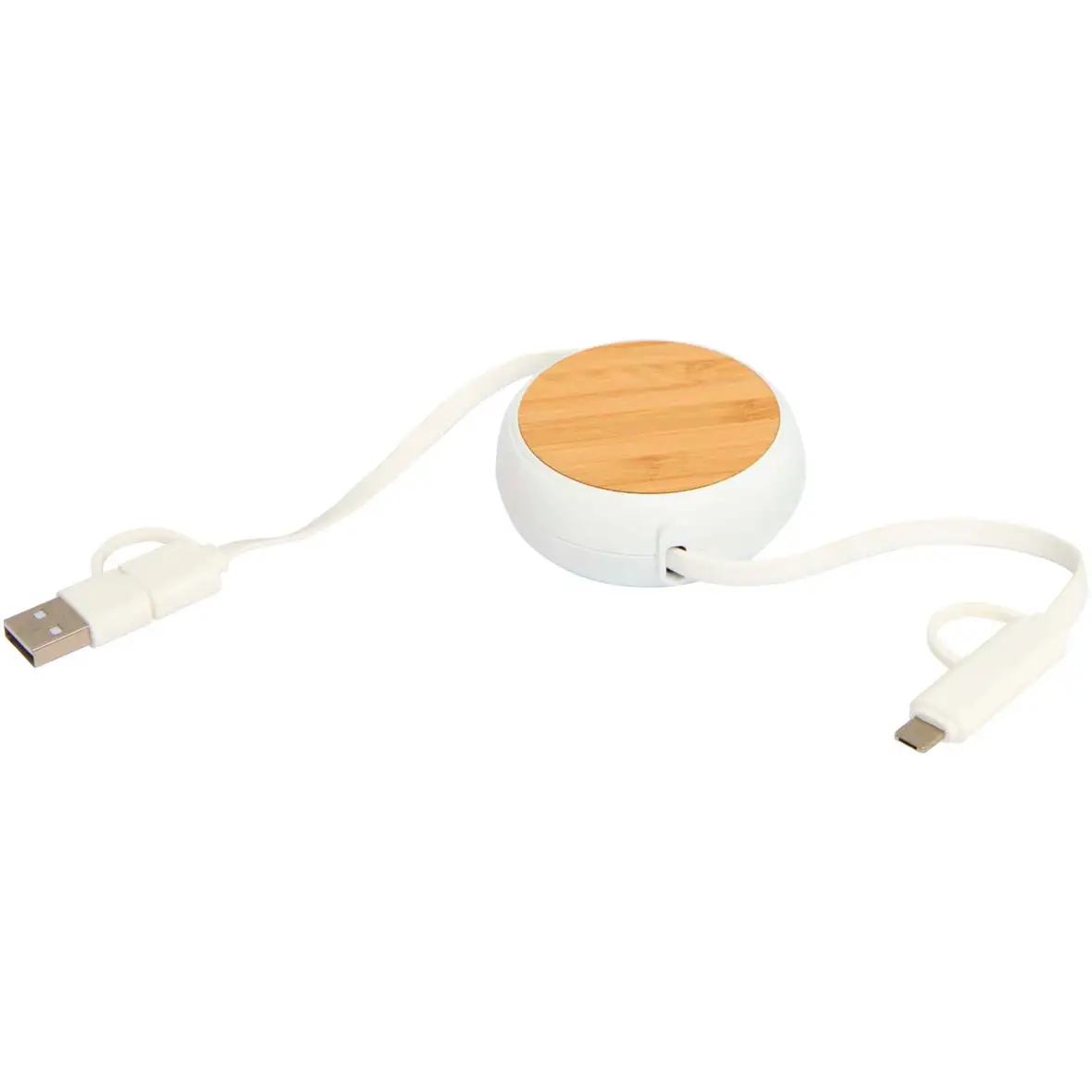 100cm 5-in-1 Kabel aus recyceltem Kunststoff, einziehbar, für Datenübertragung und 45W Schnellladung mit Bambusdetail – Ansicht 4