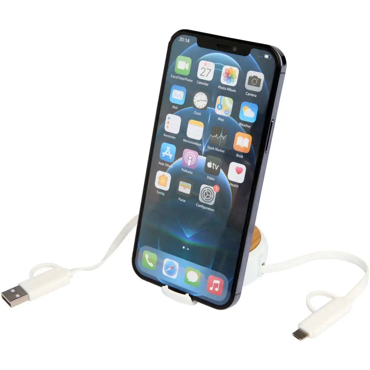 100cm 5-in-1 Kabel aus recyceltem Kunststoff, einziehbar, für Datenübertragung und 45W Schnellladung mit Bambusdetail – Ansicht 5