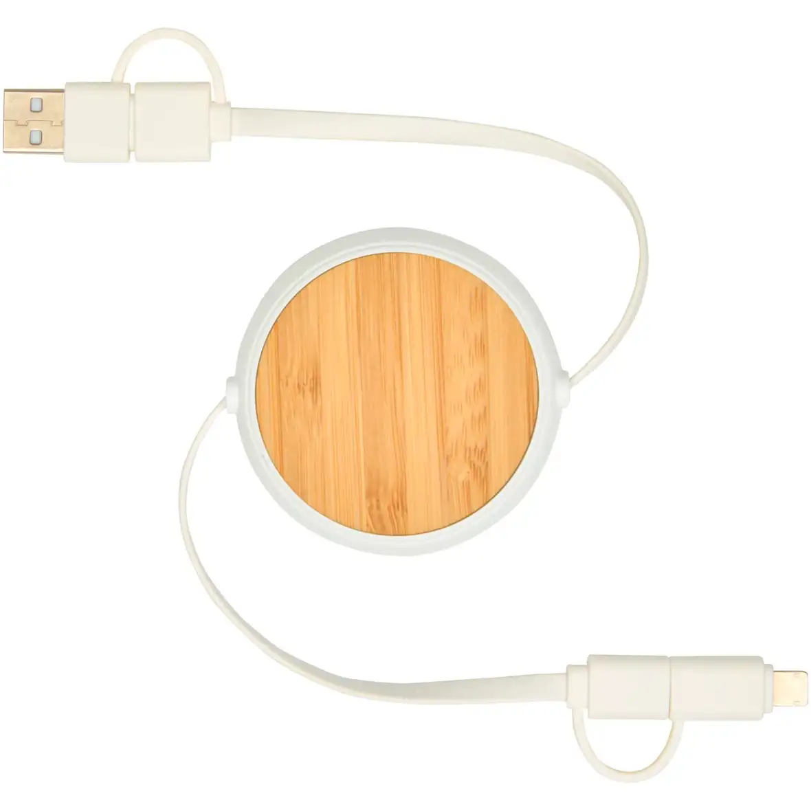 100cm 5-in-1 Kabel aus recyceltem Kunststoff, einziehbar, für Datenübertragung und 45W Schnellladung mit Bambusdetail – Ansicht 2