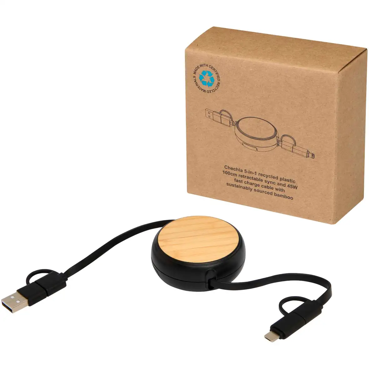 100cm 5-in-1 Kabel aus recyceltem Kunststoff, einziehbar, für Datenübertragung und 45W Schnellladung mit Bambusdetail – Ansicht 7