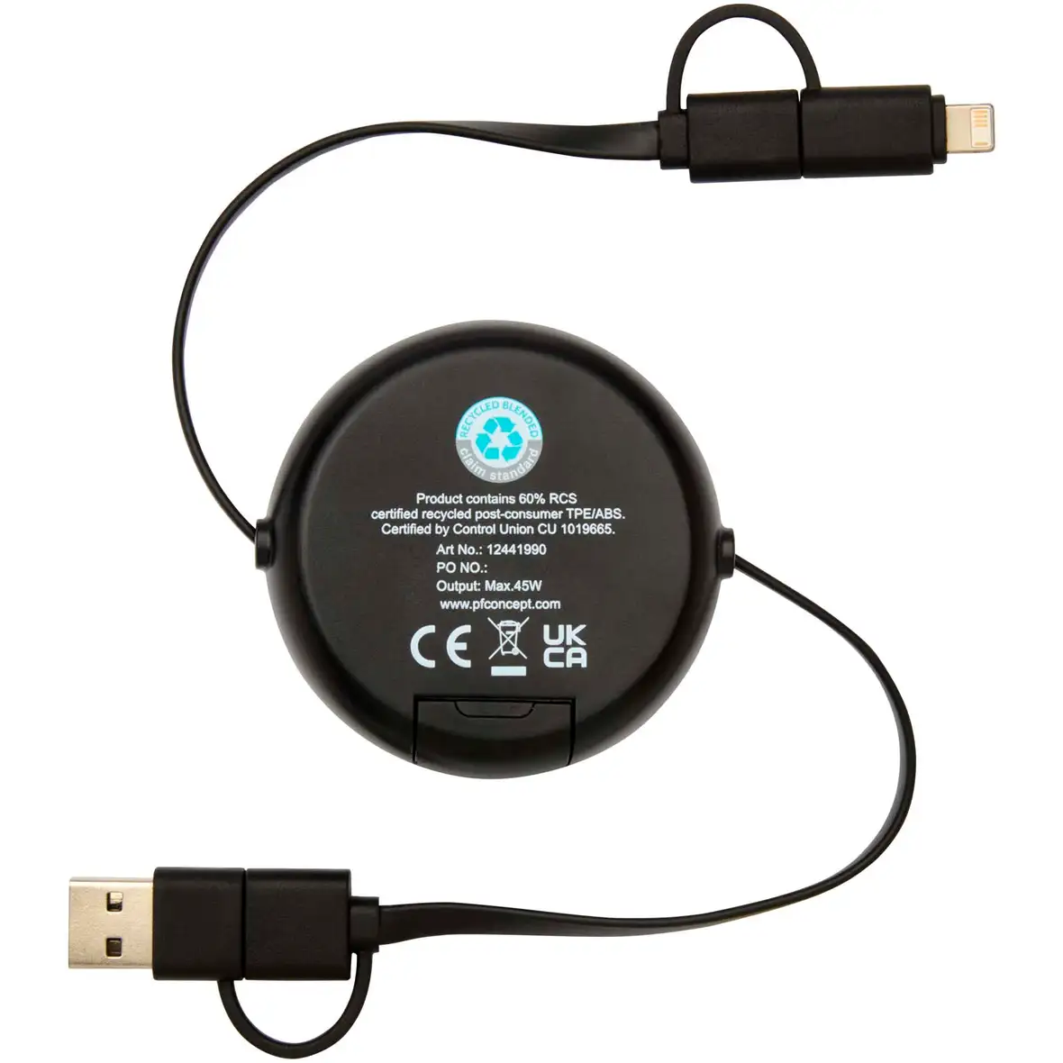 100cm 5-in-1 Kabel aus recyceltem Kunststoff, einziehbar, für Datenübertragung und 45W Schnellladung mit Bambusdetail – Ansicht 9