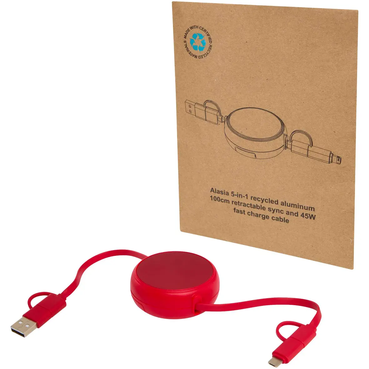 100 cm 5-in-1 Kabel aus recyceltem Kunststoff und Aluminium, einziehbar, für Datenübertragung und 45W Schnellladung – Werbeartikel mit Logo bedrucken