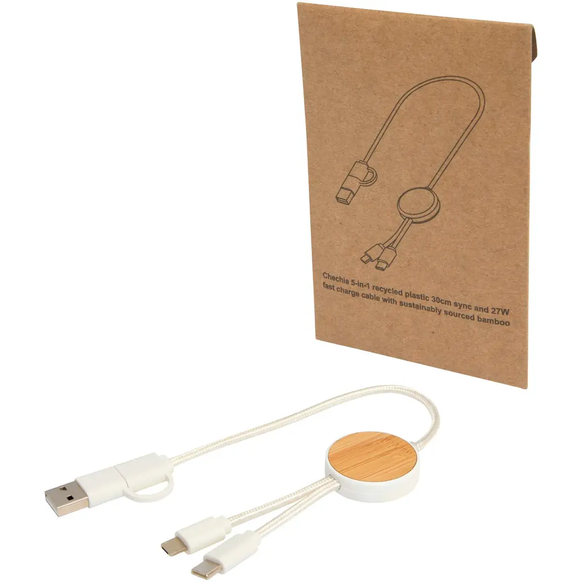 30 cm 5-in-1 Kabel aus recyceltem Kunststoff für Datenübertragung und 27W Schnellladung mit Bambusdetails – Werbeartikel mit Logo bedrucken