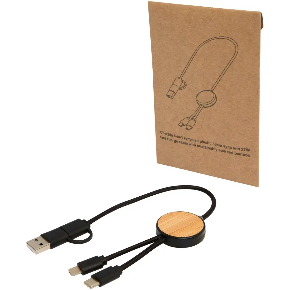 30 cm 5-in-1 Kabel aus recyceltem Kunststoff für Datenübertragung und 27W Schnellladung mit Bambusdetails – Ansicht 7
