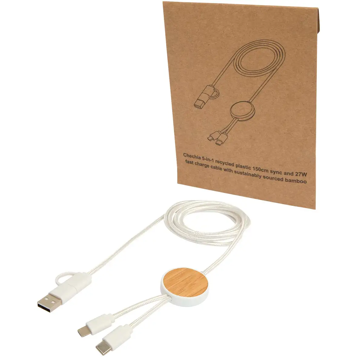 150 cm 5-in-1 Kabel aus recyceltem Kunststoff für Datenübertragung und 27W Schnellladung mit Bambusdetails – Ansicht 1