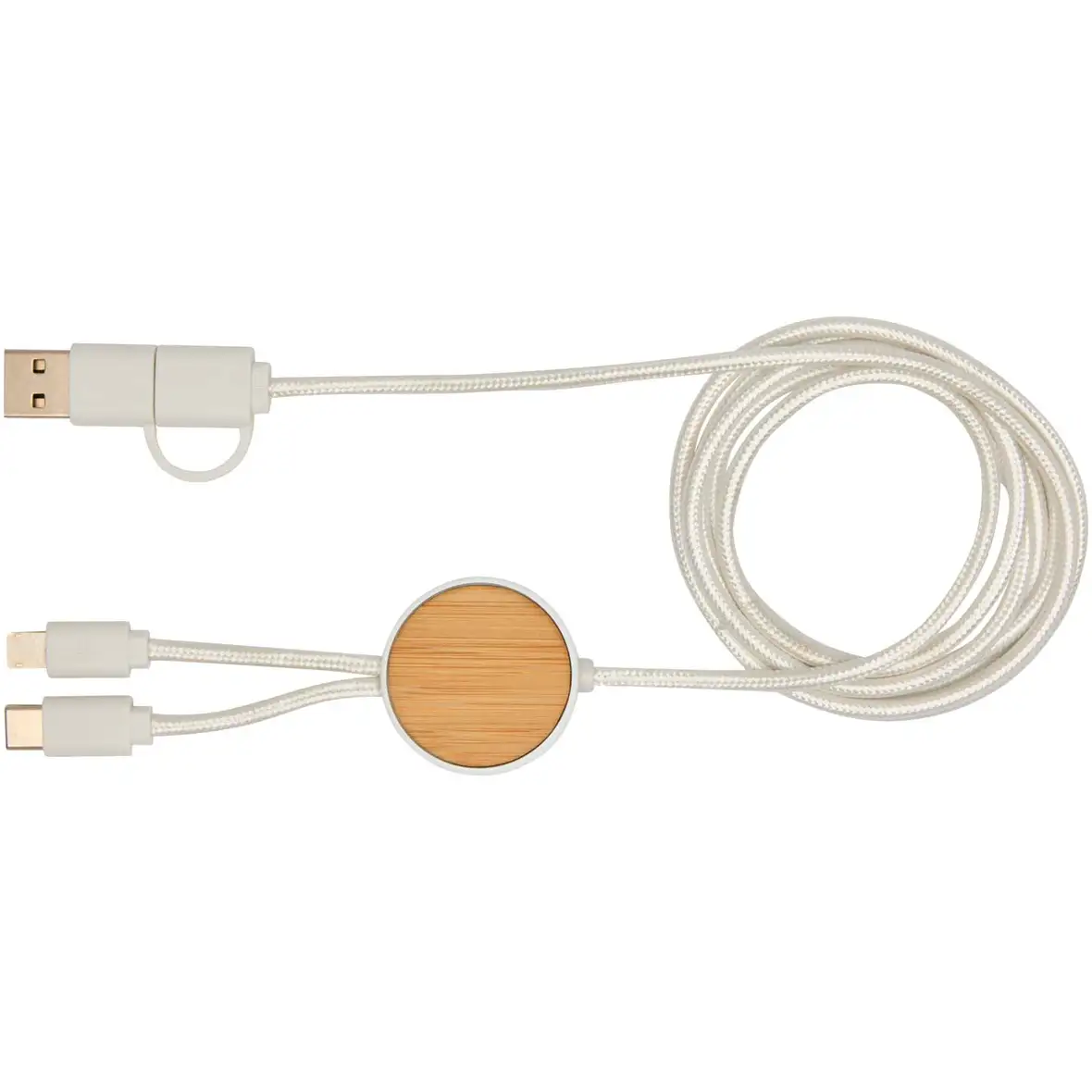 150 cm 5-in-1 Kabel aus recyceltem Kunststoff für Datenübertragung und 27W Schnellladung mit Bambusdetails – Ansicht 2