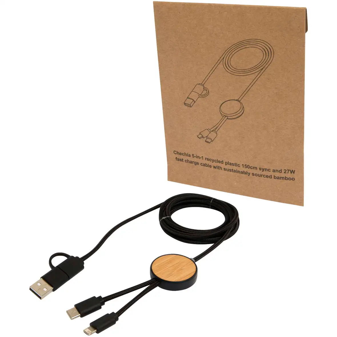 150 cm 5-in-1 Kabel aus recyceltem Kunststoff für Datenübertragung und 27W Schnellladung mit Bambusdetails – Ansicht 7