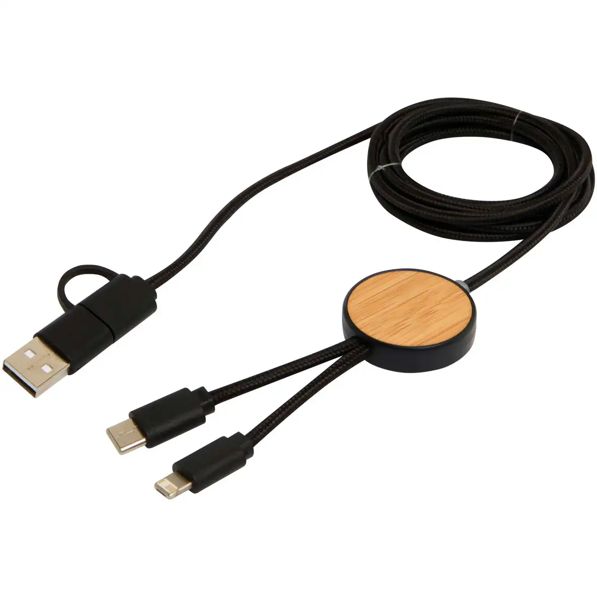 150 cm 5-in-1 Kabel aus recyceltem Kunststoff für Datenübertragung und 27W Schnellladung mit Bambusdetails – Ansicht 10