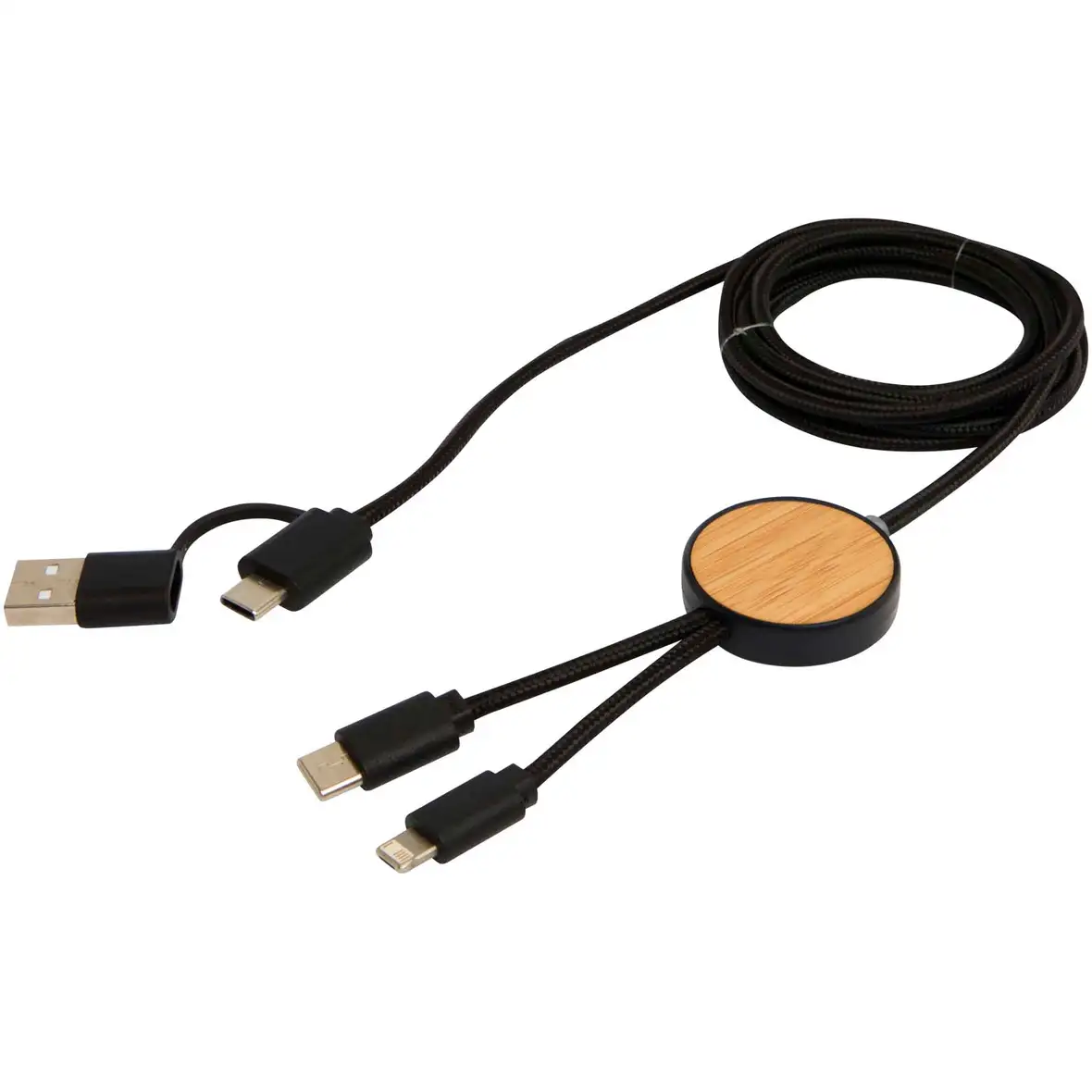 150 cm 5-in-1 Kabel aus recyceltem Kunststoff für Datenübertragung und 27W Schnellladung mit Bambusdetails – Ansicht 11