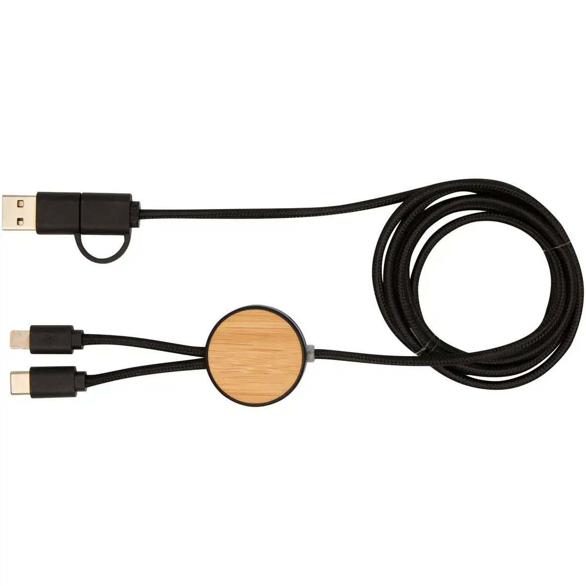 150 cm 5-in-1 Kabel aus recyceltem Kunststoff für Datenübertragung und 27W Schnellladung mit Bambusdetails – Ansicht 8
