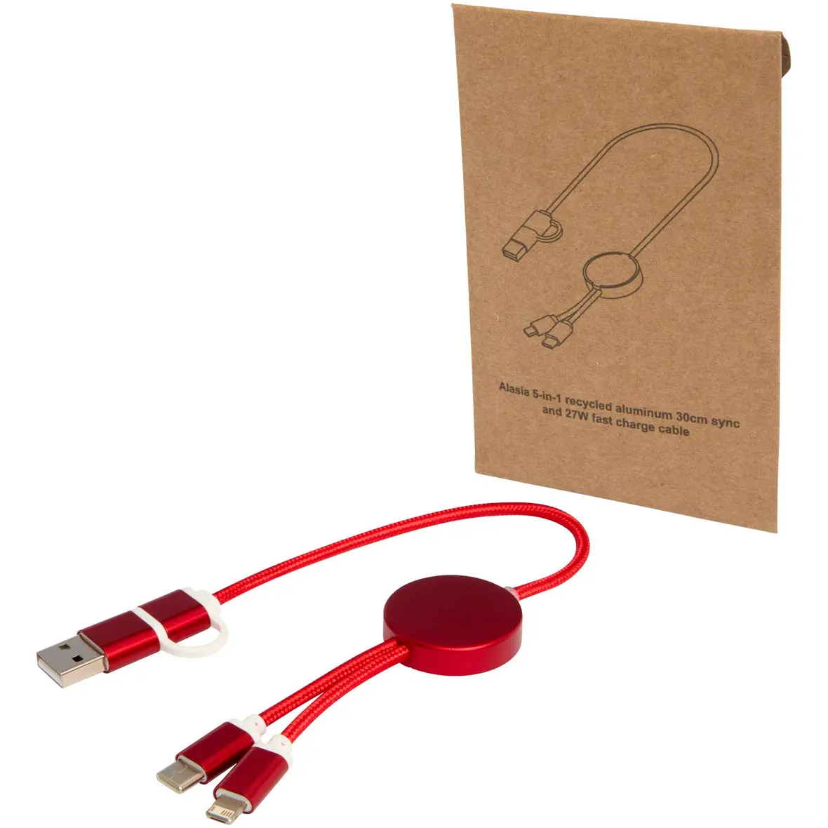 30 cm 5-in-1 Kabel aus recyceltem Kunststoff für Datenübertragung und 27W Schnellladung – Werbeartikel mit Logo bedrucken