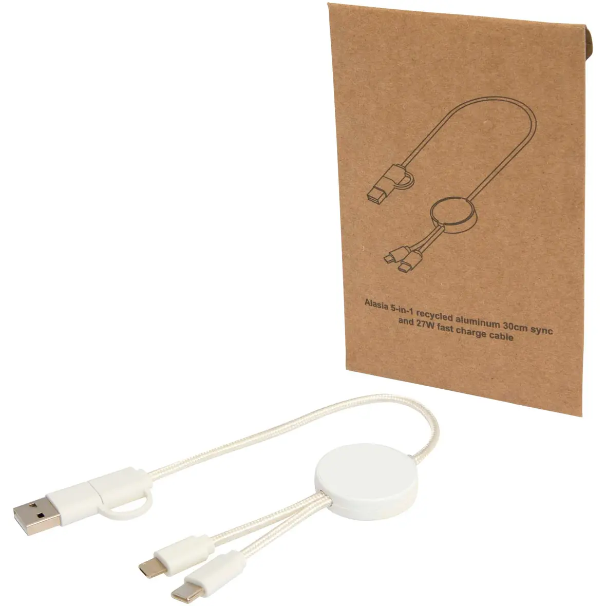 30 cm 5-in-1 Kabel aus recyceltem Kunststoff für Datenübertragung und 27W Schnellladung – Werbeartikel mit Logo bedrucken