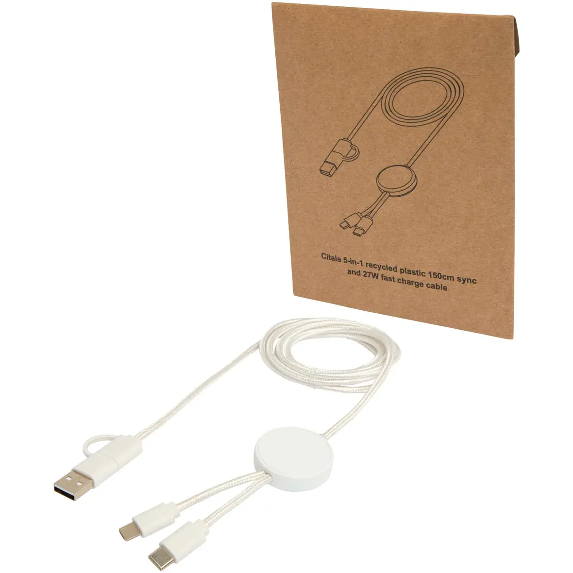 150 cm 5-in-1 Kabel aus recyceltem Kunststoff für Datenübertragung und 27W Schnellladung – Werbeartikel mit Logo bedrucken