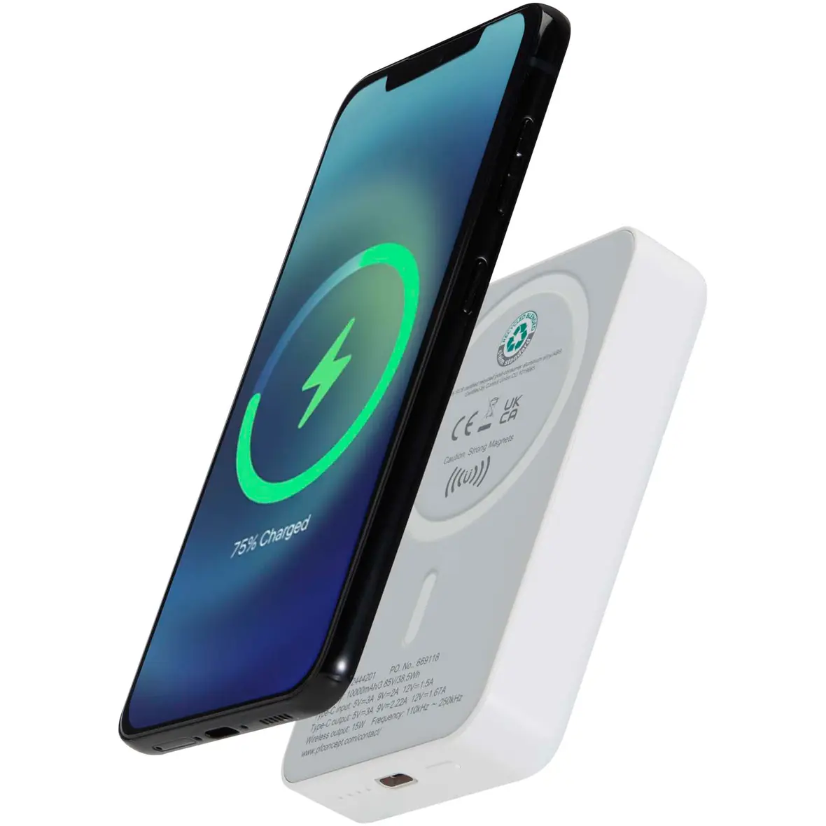 15 W 10.000 mAh magnetische kabellose Powerbank mit 20 W PD aus recyceltem Kunststoff – Werbeartikel mit Logo bedrucken