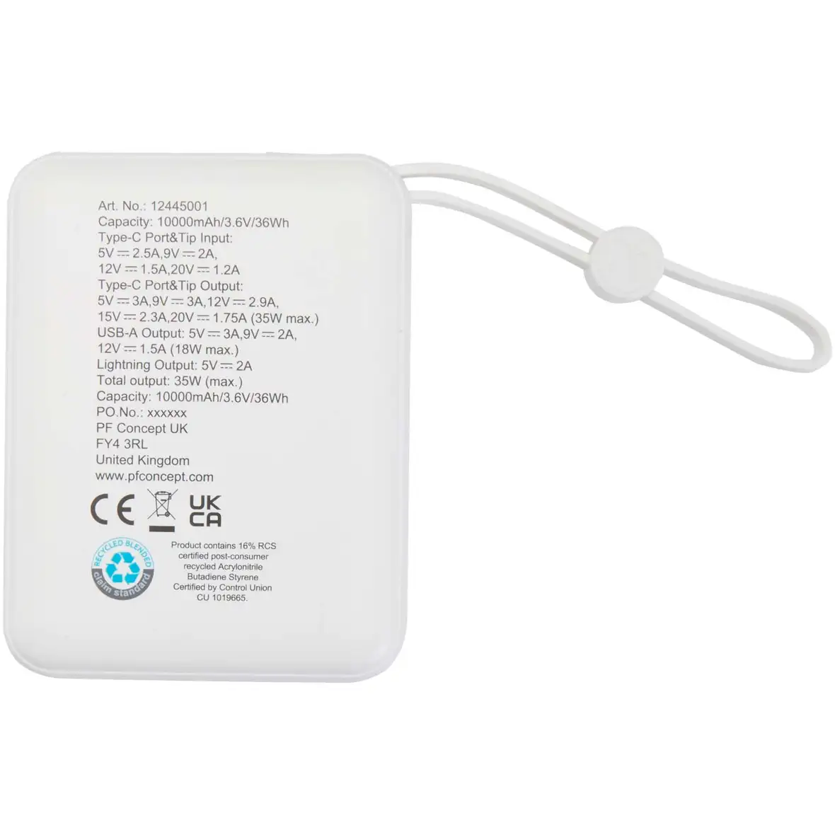 35 W 10.000 mAh Tablet Powerbank mit integriertem Typ-C-Kabel aus recyceltem Kunststoff – Ansicht 3