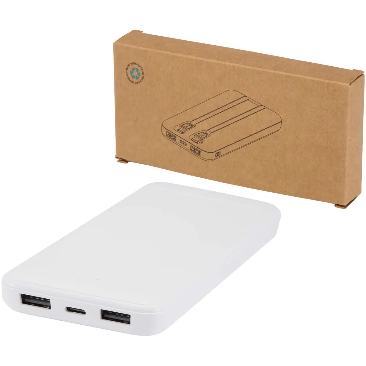 10 W 10.000 mAh Powerbank aus recyceltem Kunststoff mit 2 integrierten Kabeln – Ansicht 1