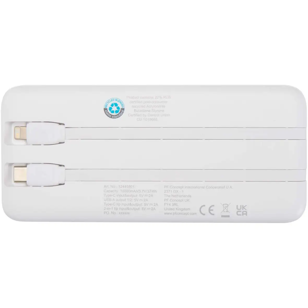 10 W 10.000 mAh Powerbank aus recyceltem Kunststoff mit 2 integrierten Kabeln – Ansicht 3