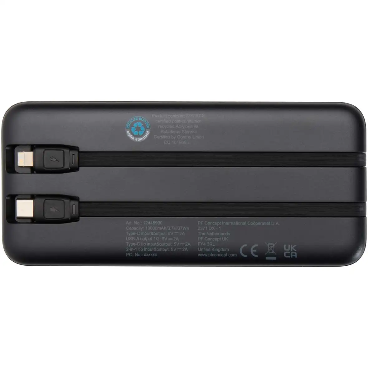 10 W 10.000 mAh Powerbank aus recyceltem Kunststoff mit 2 integrierten Kabeln – Ansicht 9