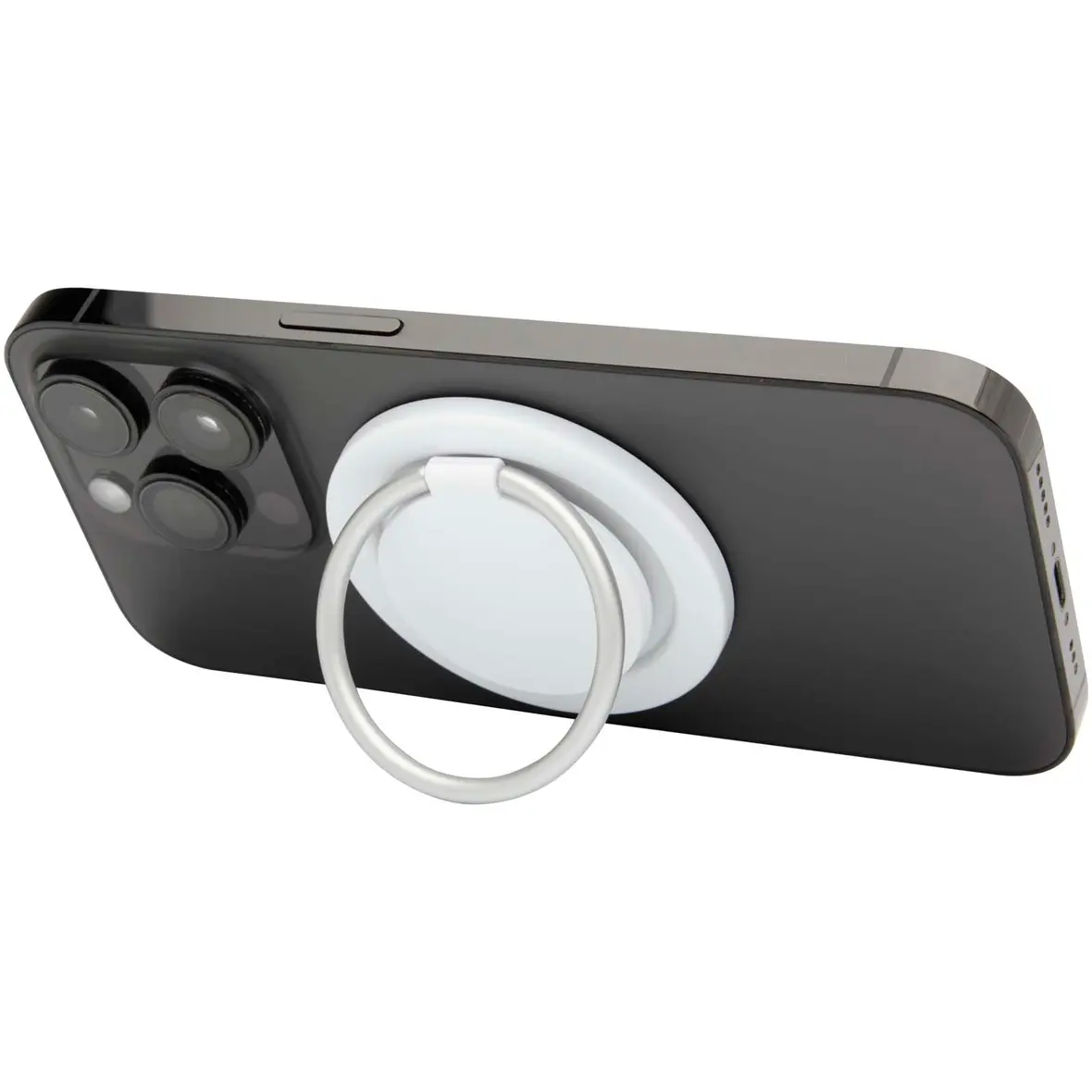 Magnetische Smartphonehalterung aus recyceltem Kunststoff mit Ringständer – Werbeartikel mit Logo bedrucken